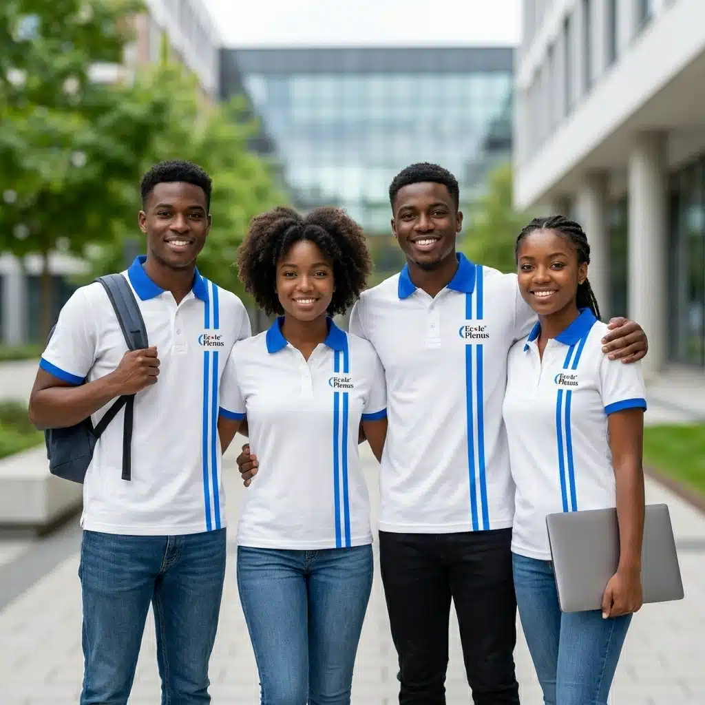 Quatre étudiants debout devant l'école