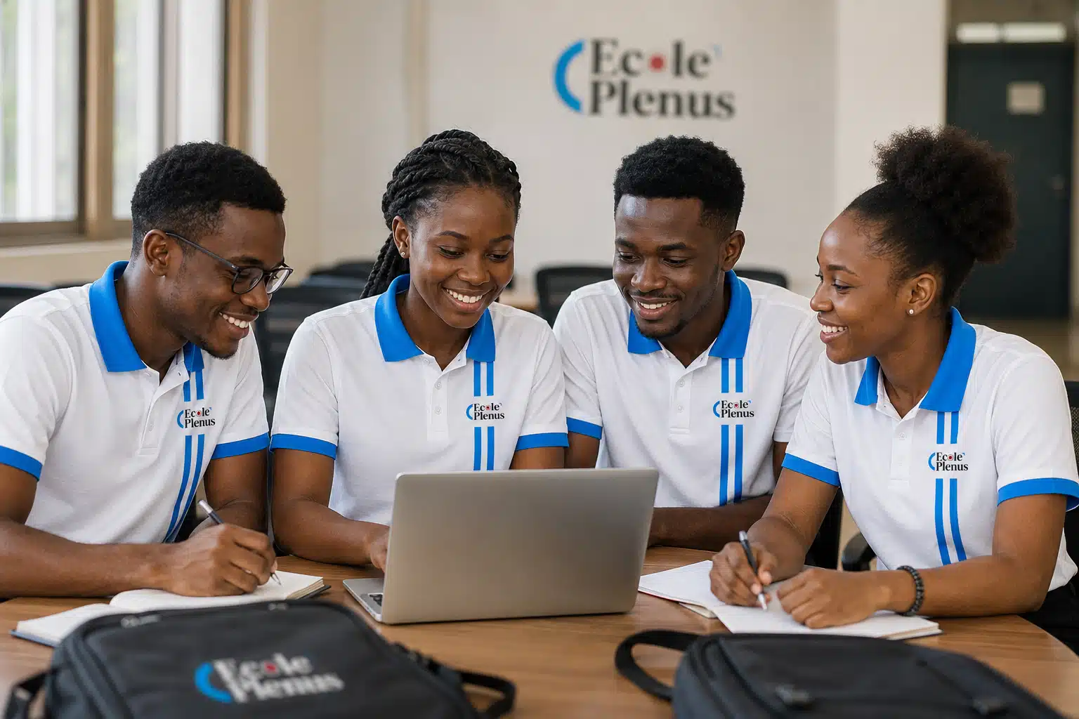 Quatre étudiants en salle de cours