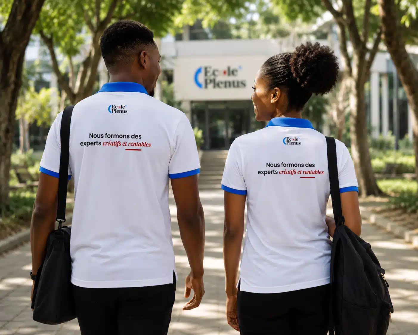 Deux étudiants marchent vers Ecole Plenus